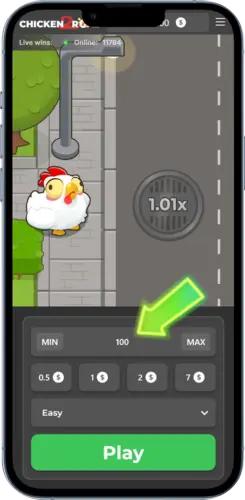 Panel de control de Chicken Road 2 mostrando una apuesta configurada de $3, con los botones rápidos de cantidad resaltados.