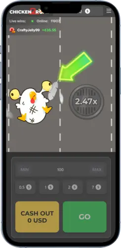 Dos capturas de pantalla de resultados en Chicken Road 2: Una con notificación de "WIN! 650 USD" y otra mostrando a la gallina atropellada con plumas volando y un cobro de "CASH OUT 0 USD".