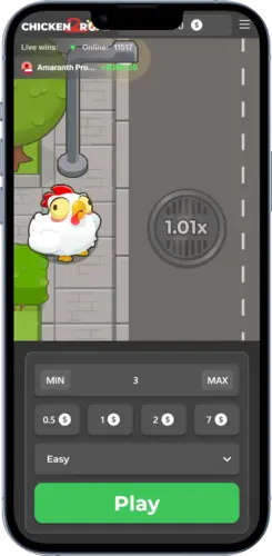 Pantalla de inicio de Chicken Road 2 con la gallina blanca en la acera, tráfico pasando y el botón verde "Play" activo.
