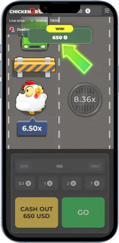 Primer plano del panel de control de Chicken Road 2 en plena partida, resaltando el botón amarillo "CASH OUT 650 USD" con una flecha verde.