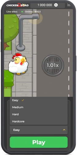 Menú de dificultad de Chicken Road 2 con opciones Easy, Medium, Hard y Hardcore