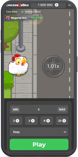 Pantalla de inicio de Chicken Road 2 con multiplicador 1.01x y botón Play