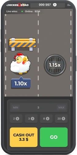 Partida activa en Chicken Road 2 con multiplicador 1.10x y botones Cash Out y GO